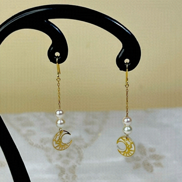 japan gold Jewelry - 14k japan yellow gold dangling earrings with fresh water pearl
